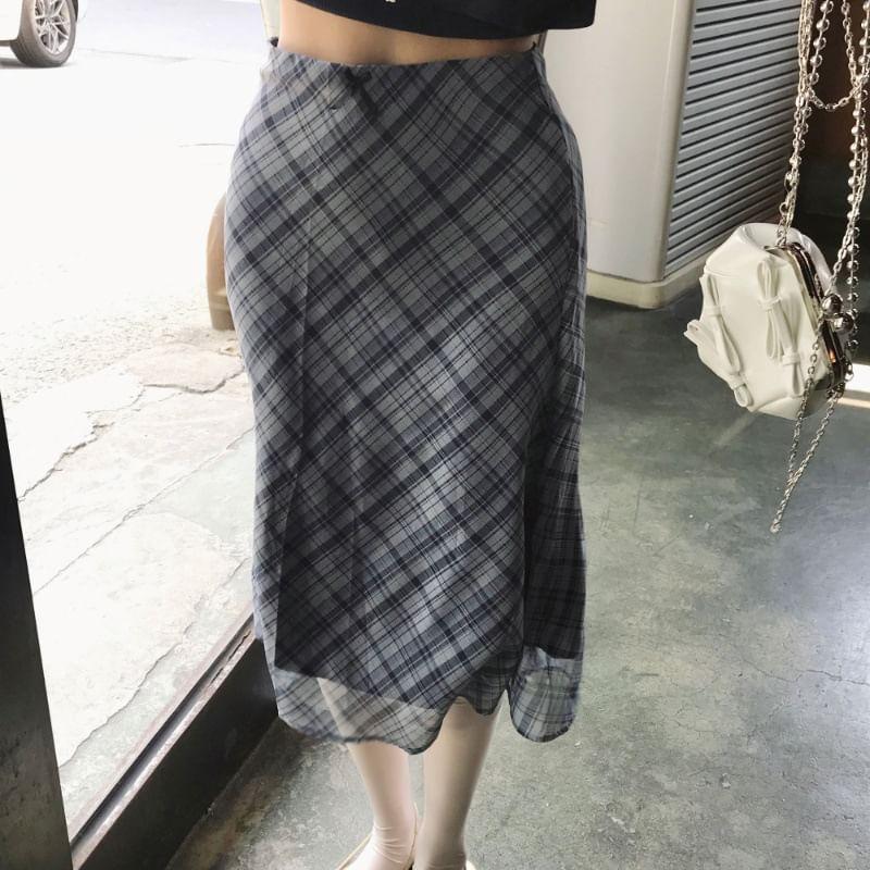 High Waist Bow Accent Plaid Mesh Midi Skirt Product Image