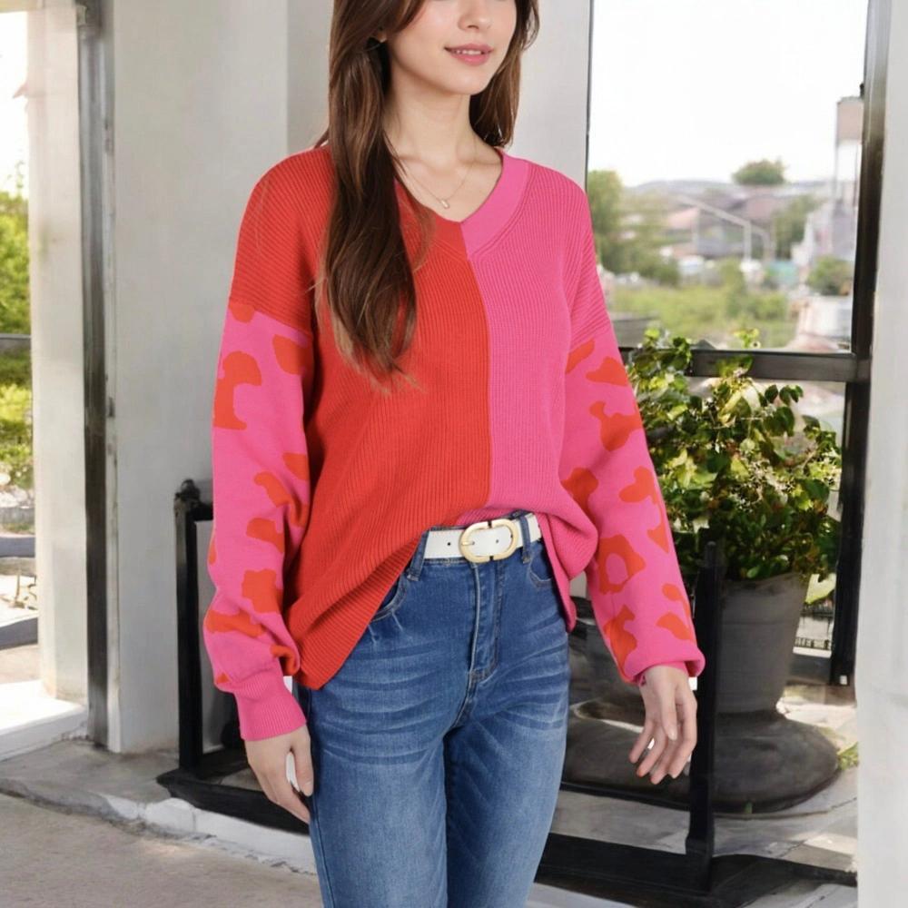 Anna-Kaci Women's Long Sleeve Color Block V-Neck Sweater with Leopard Print Sleeves Product Image