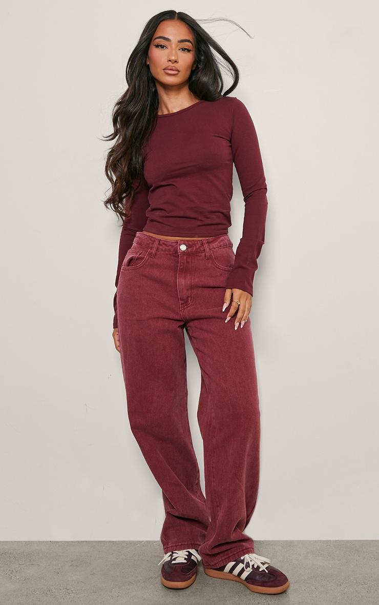 Petite Burgundy Washed High Waist Straight Leg Jeans Product Image
