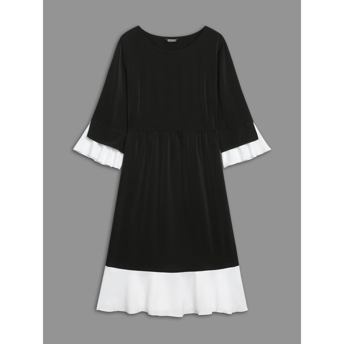 Plus Size Color Contrast Tiered Skirt Pocket Midi Dress Black Women At the Office Contrast Round Neck Elbow-length sleeve Curvy BloomChic 18-20/2X Product Image