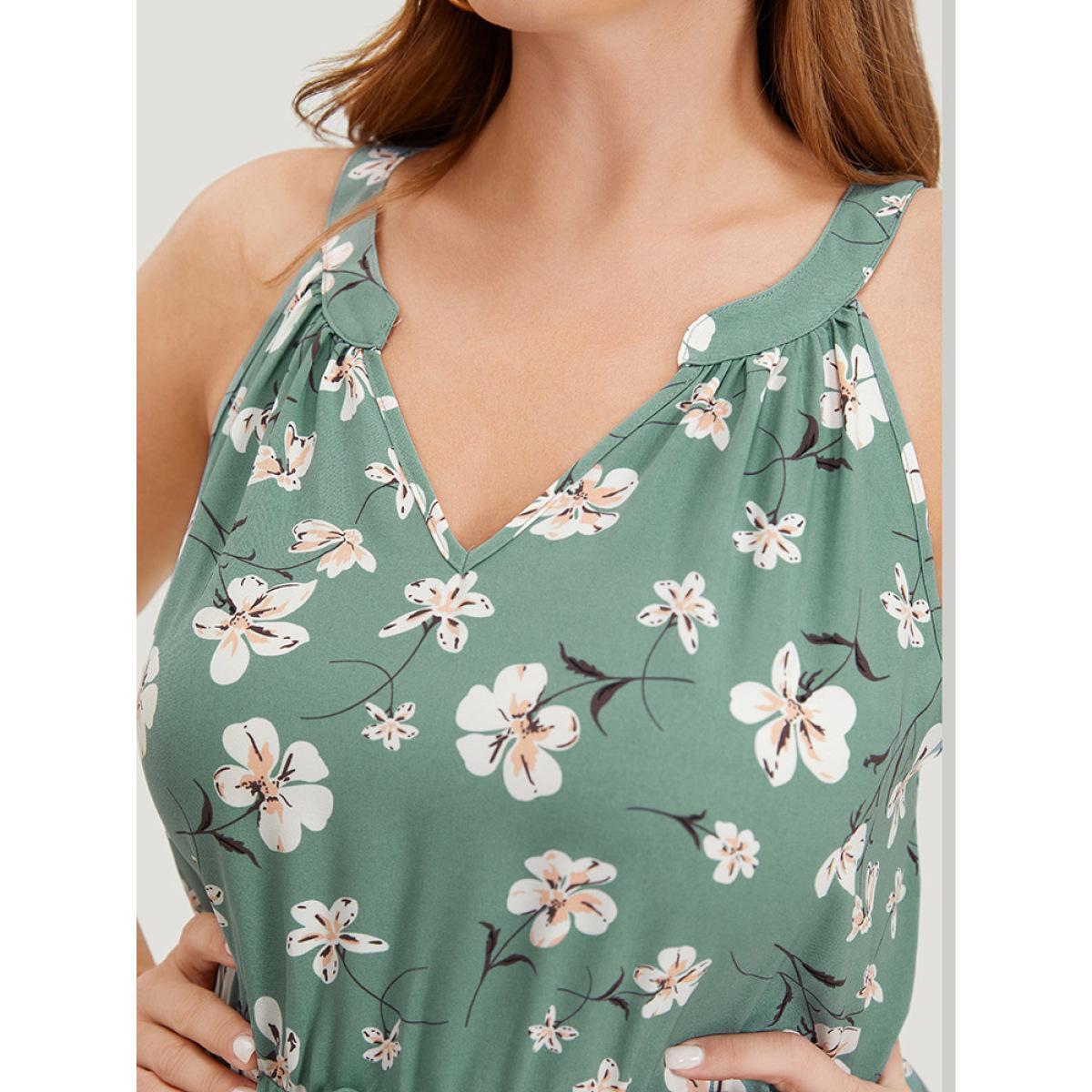 Plus Size Floral Elastic Waist Notched Pocket Ruffles Halter Dress Mint Women Elegant Patchwork Halter neck Sleeveless Curvy Knee Dress BloomChic 18-20/2X Product Image