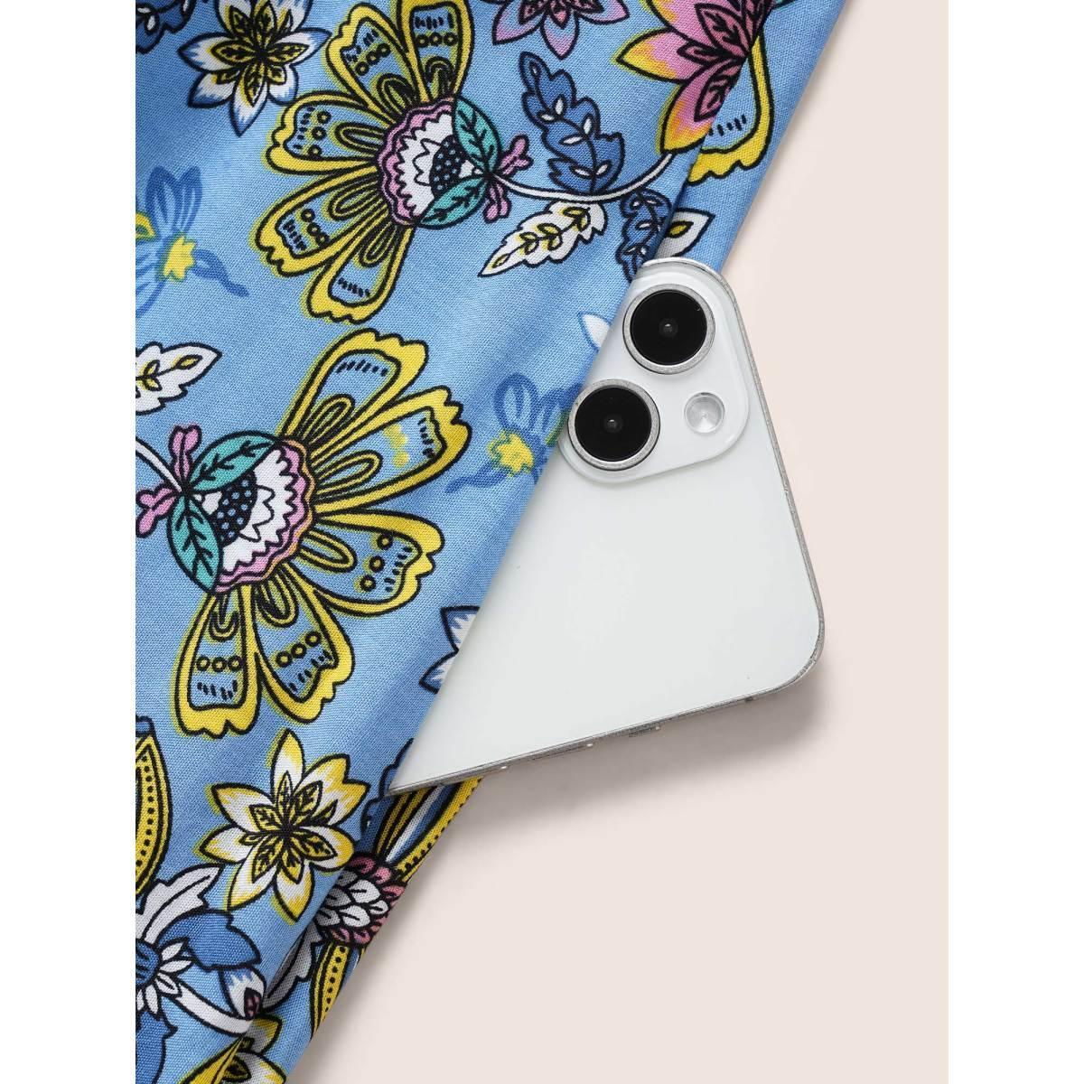 Plus Size Rayon Boho Print Overlap Collar Dress Mediumblue Women Resort Belted Overlap Collar Short sleeve Curvy BloomChic 22-24/3X Product Image