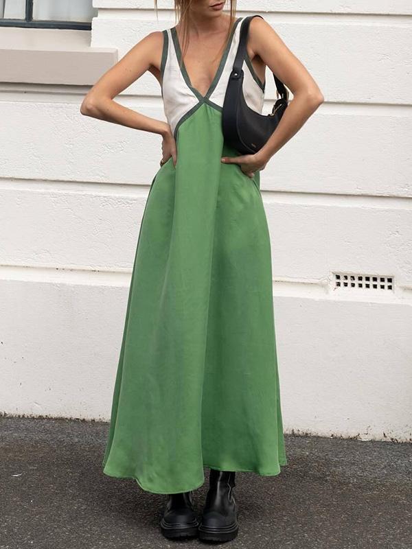 Loose Sleeveless Contrast Color Split-Joint Deep V-Neck Maxi Dresses Product Image