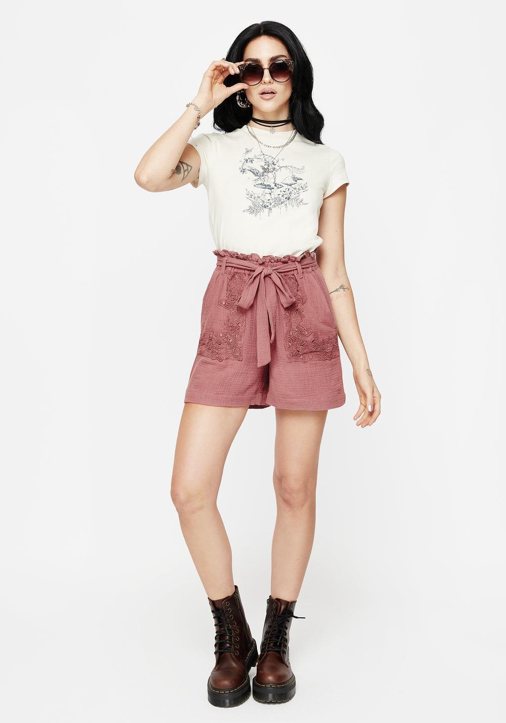 Rosamoth Applique Trim Cotton Tie Waist Shorts Product Image