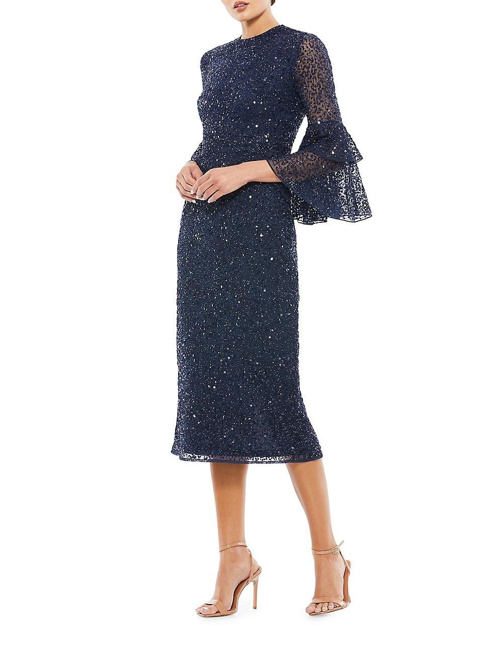 Mac Duggal Crew Neck Ruffle Tiered 34 Sleeve Sequin Midi Sheath Dress Product Image