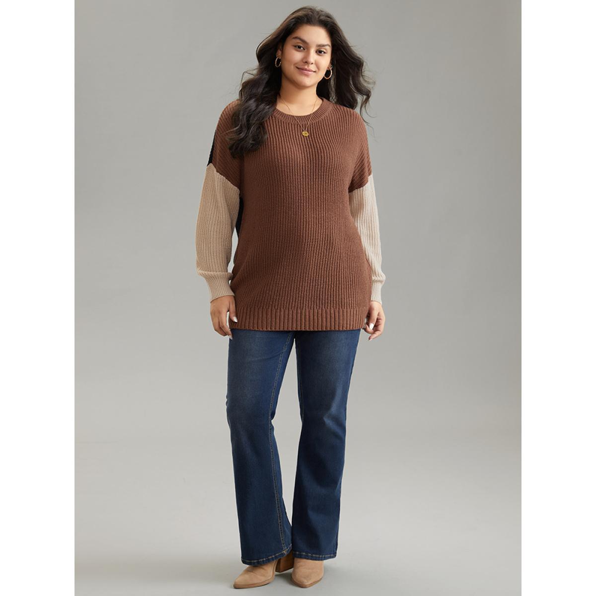 Plus Size Patchwork Colorblock Contrast Drop Shoulder Pullover Multicolor Women Casual Loose Long Sleeve Round Neck Dailywear Pullovers BloomChic 22-24/3X Product Image