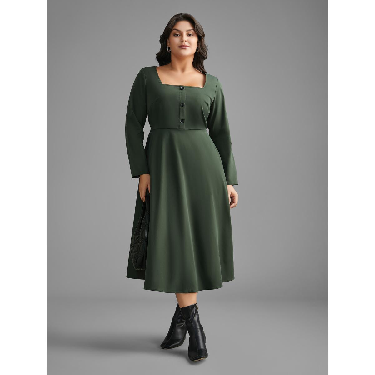 Plus Size Square Neck Plain Button Detail Dress DarkGreen Women At the Office Button Square Neck Long Sleeve Curvy BloomChic 28/5X Product Image