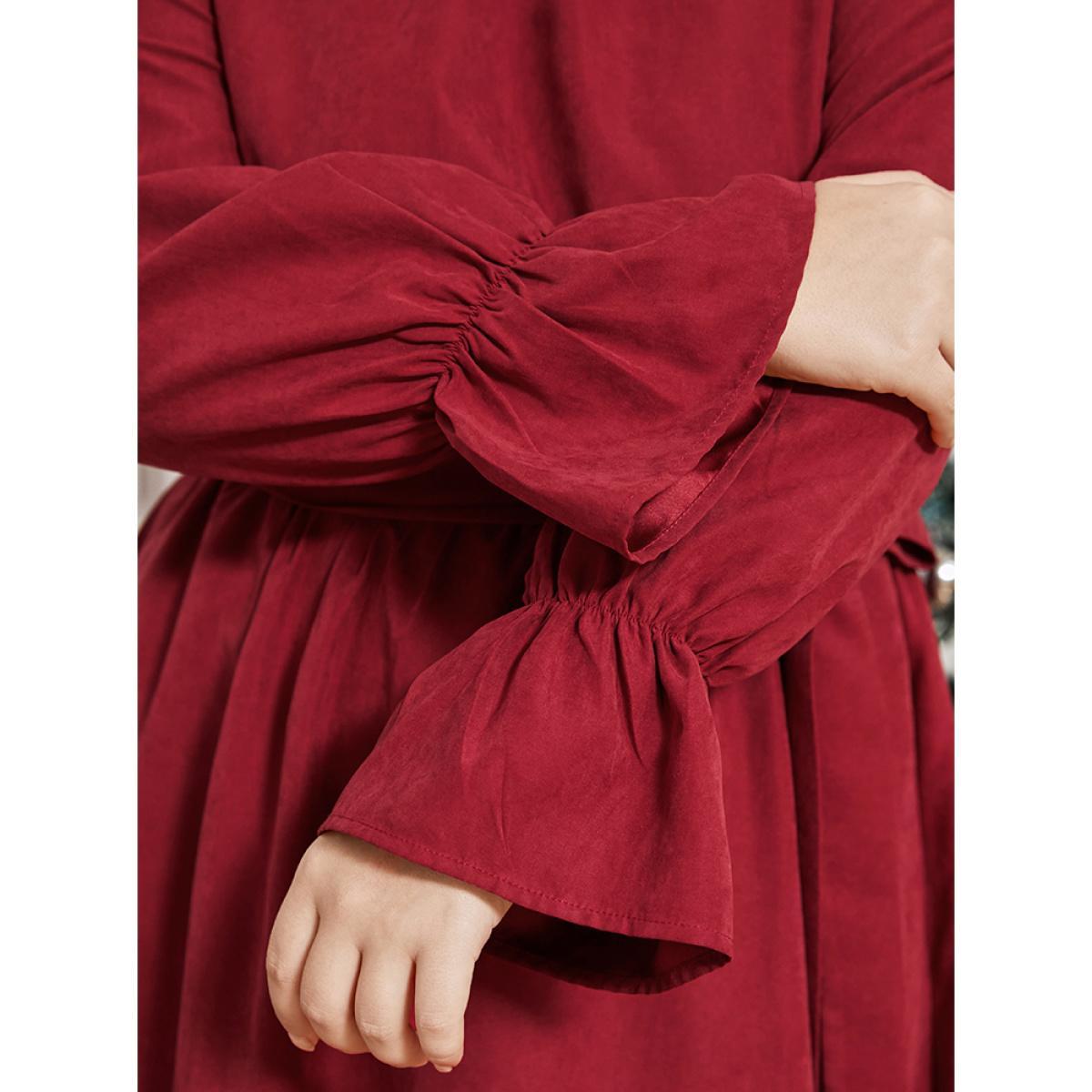 Plus Size Solid Round Neck Pocket Belted Lantern Sleeve Dress Scarlet Women Dating Round Neck Long Sleeve Curvy Midi Dress BloomChic 22-24/3X Product Image