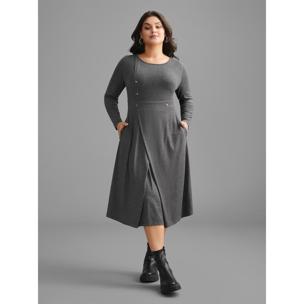 Plus Size Solid Button Detail Wrap Hem Knit Dress DarkGray Women Casual Overlapping Knit Dresses Bloomchic 18-20/2X Product Image