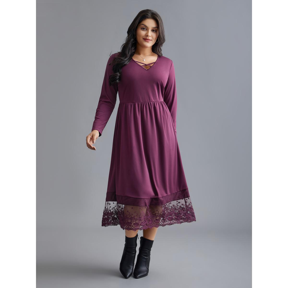 Plus Size Floral Embroidered Mesh Crisscross Dress Deeppurplered Women Elegant Woven ribbon&lace trim Round Neck Long Sleeve Curvy BloomChic 10/M Product Image