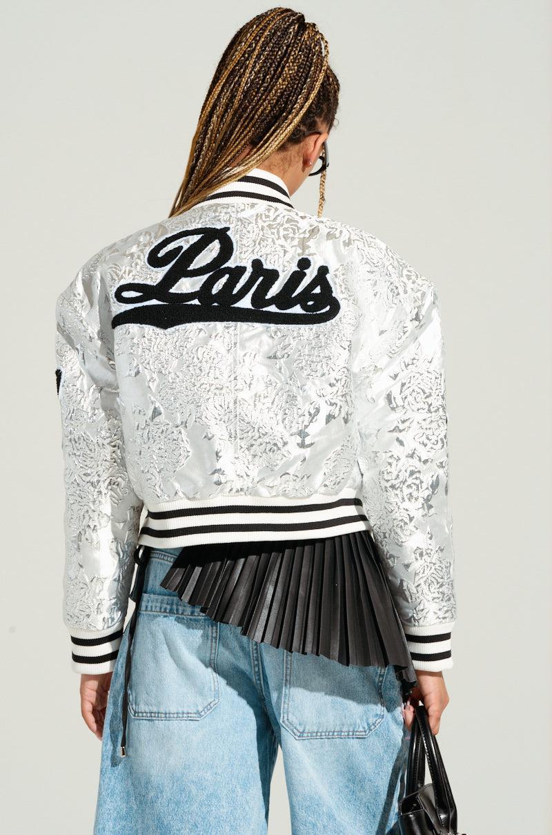 REELA SILVER BROCADE BOMBER JACKET IN SILVER Product Image