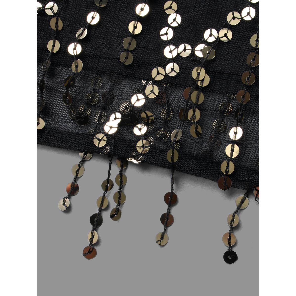 Plus Size Sequin Mesh Tassel Trim Tank Top Women Black Elegant Tassels Round Neck Everyday Tank Tops Camis BloomChic 26/4X Product Image