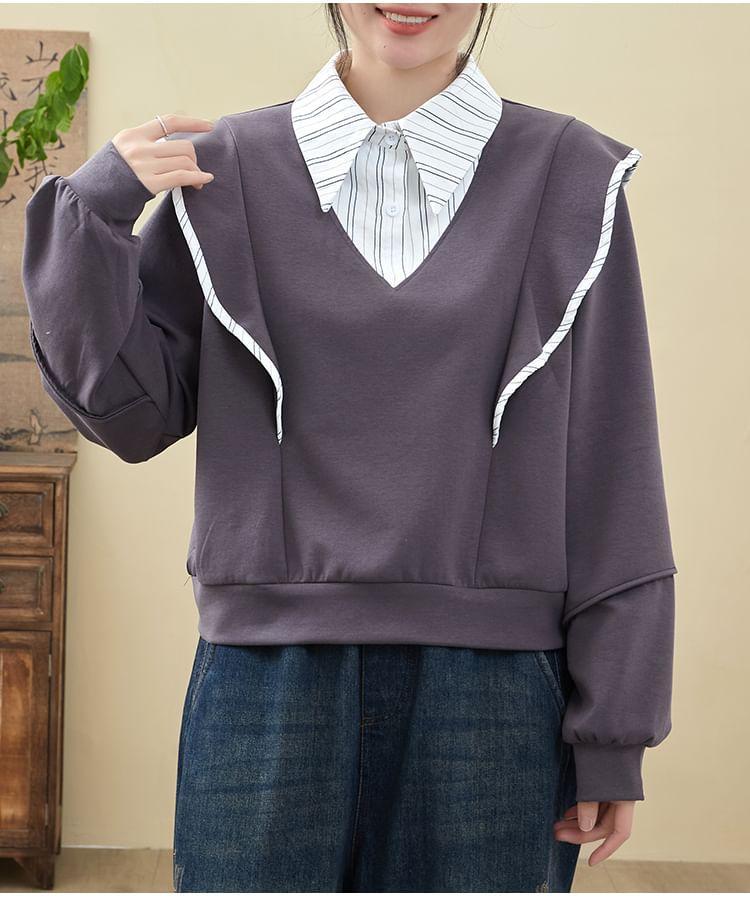 Collared Mock Two-Piece Striped Panel Pullover Product Image