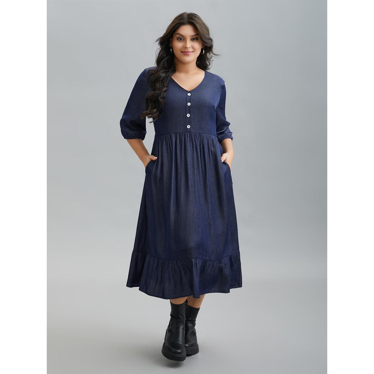 Plus Size V-Neck Button Tiered Maxi Dress Mediumblue Women Casual Button V-neck Elbow-length sleeve Curvy BloomChic 22-24/3X Product Image