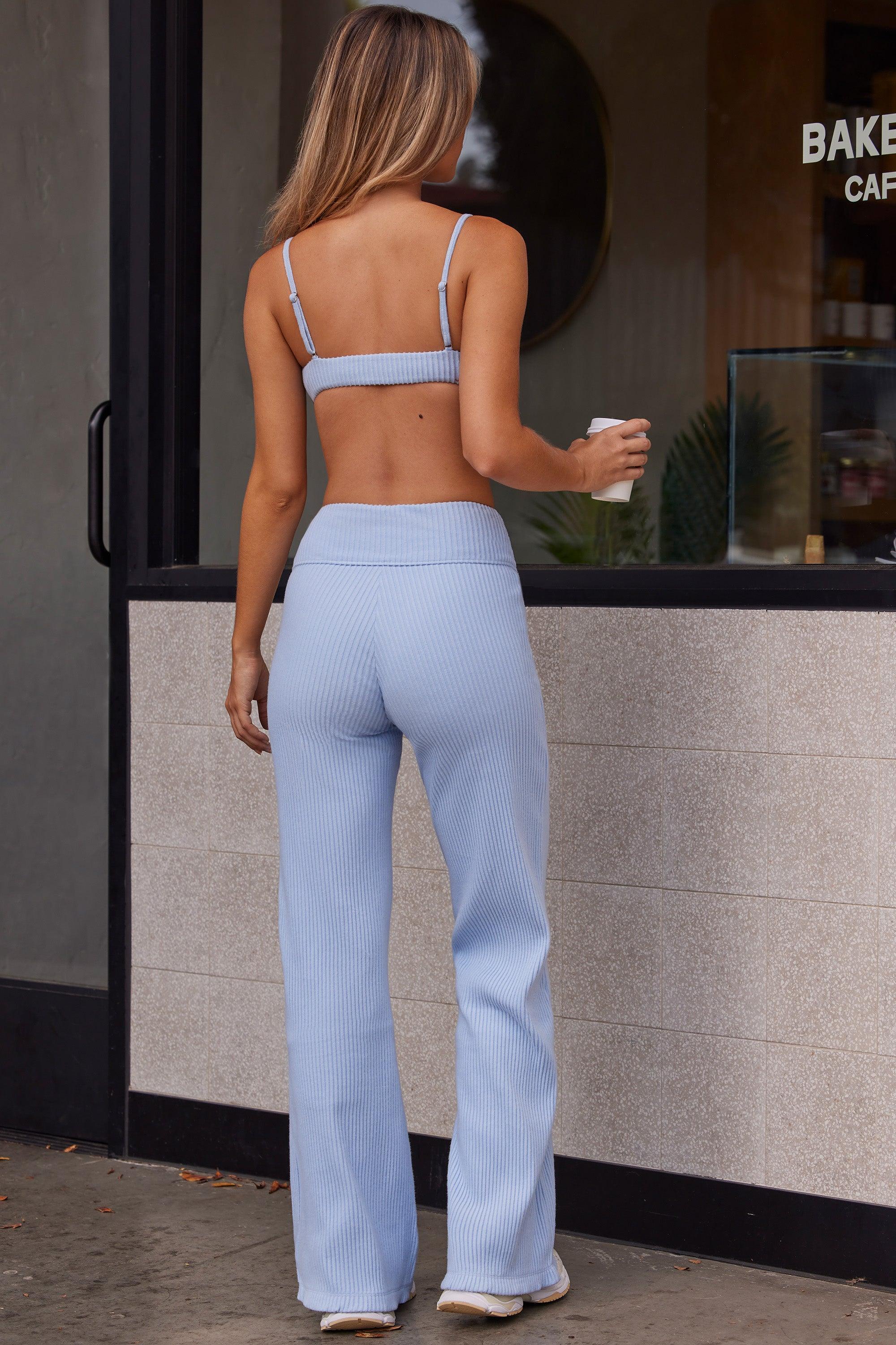 Soft Rib High Waist Wide Leg Fold Over Trousers in Soft Blue Female Product Image