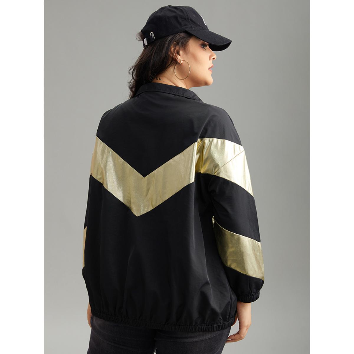 Plus Size Geometric Patchwork Contrast Zipper Jacket Women Black Elastic cuffs Pocket Dailywear Jackets BloomChic 10/M Product Image