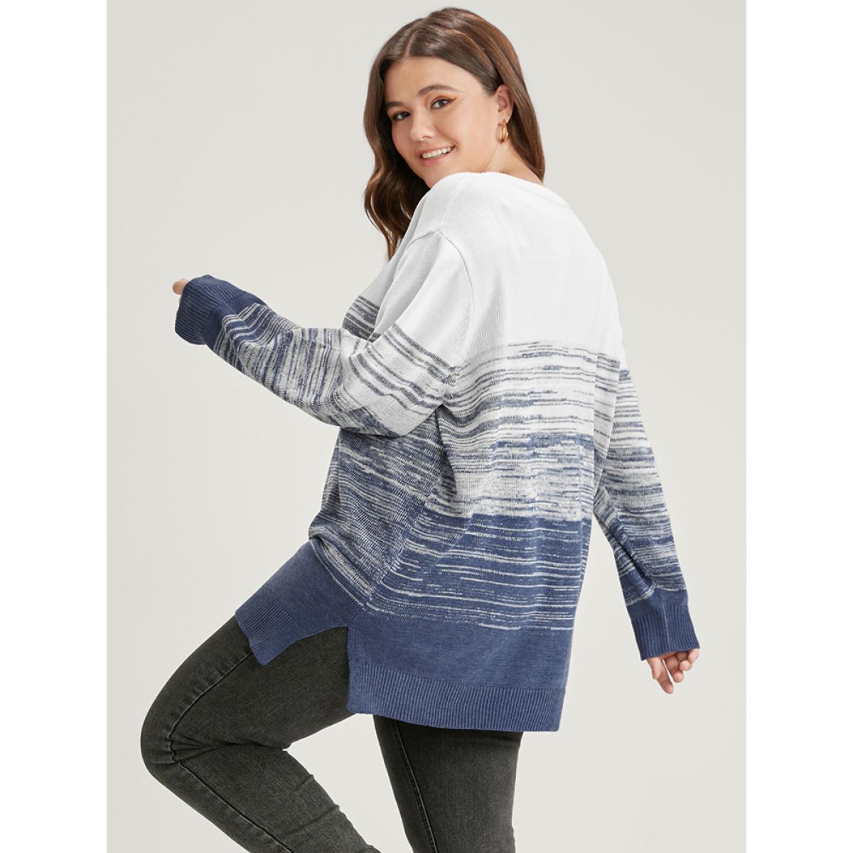 Plus Size Ombre Contrast Mixed Yarn Knit Split Hem Knit Top Indigo Women Casual Loose Long Sleeve Dailywear Pullovers BloomChic 14-16/1X Product Image
