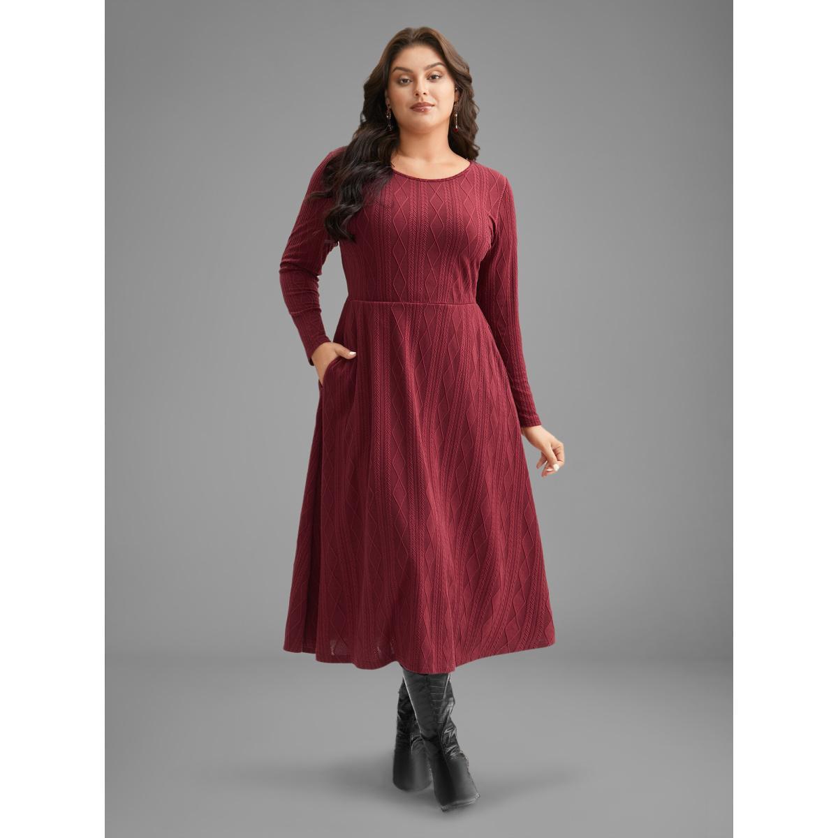 Plus Size Textured Knit Fit-And-Flare Midi Dress LightBrown Women Casual Texture Round Neck Long Sleeve Curvy BloomChic 22-24/3X Product Image