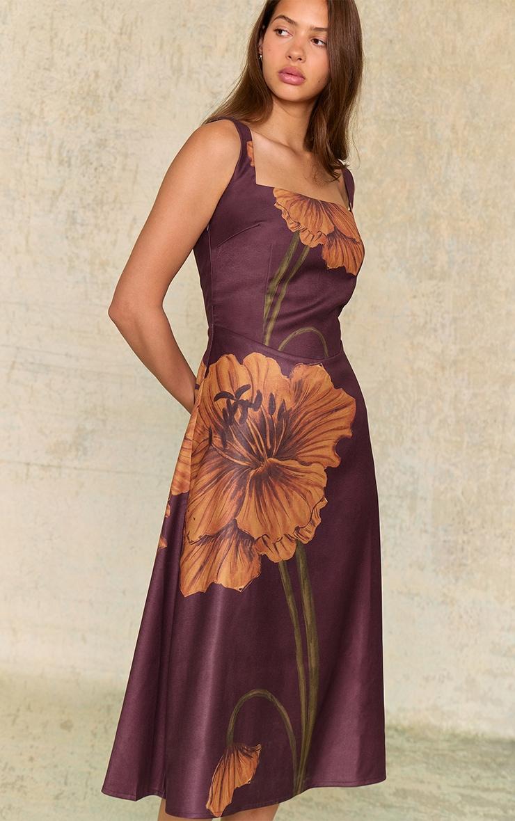  Dark Chocolate Floral Printed Square Neck Midaxi Dress Product Image