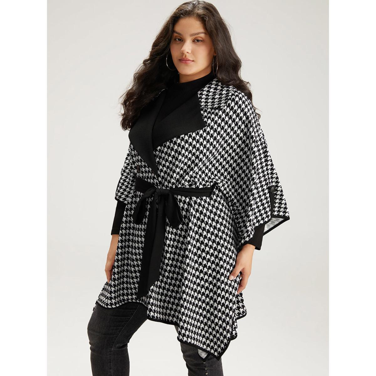 Plus Size Houndstooth Dolman Sleeve Lapel Collar Belted Coat Women Black Casual Belted Loose Ladies Dailywear Winter Coats BloomChic 30/6X Product Image