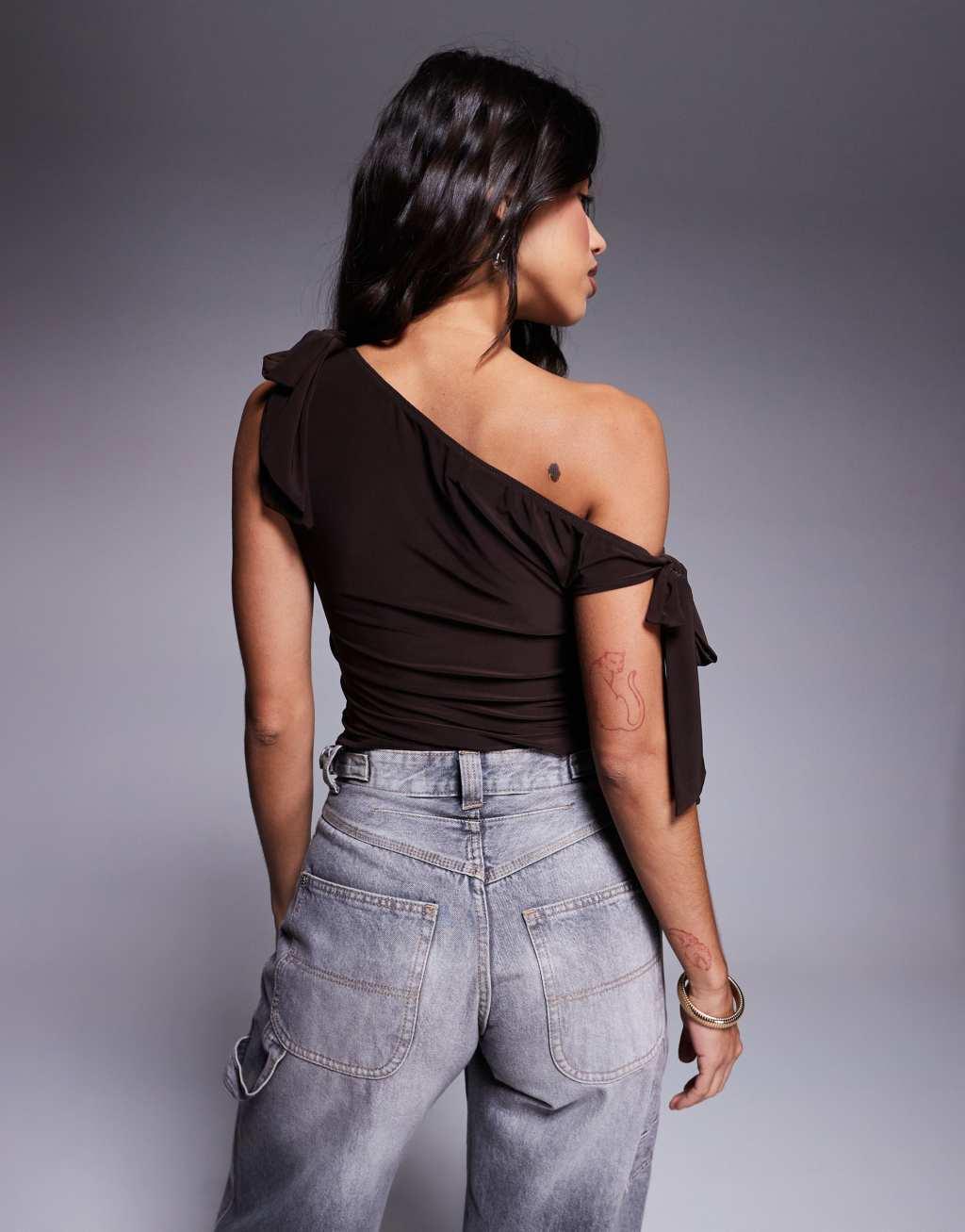 ASOS DESIGN slinky off the shoulder bow tie detail T-shirt in chocolate Product Image
