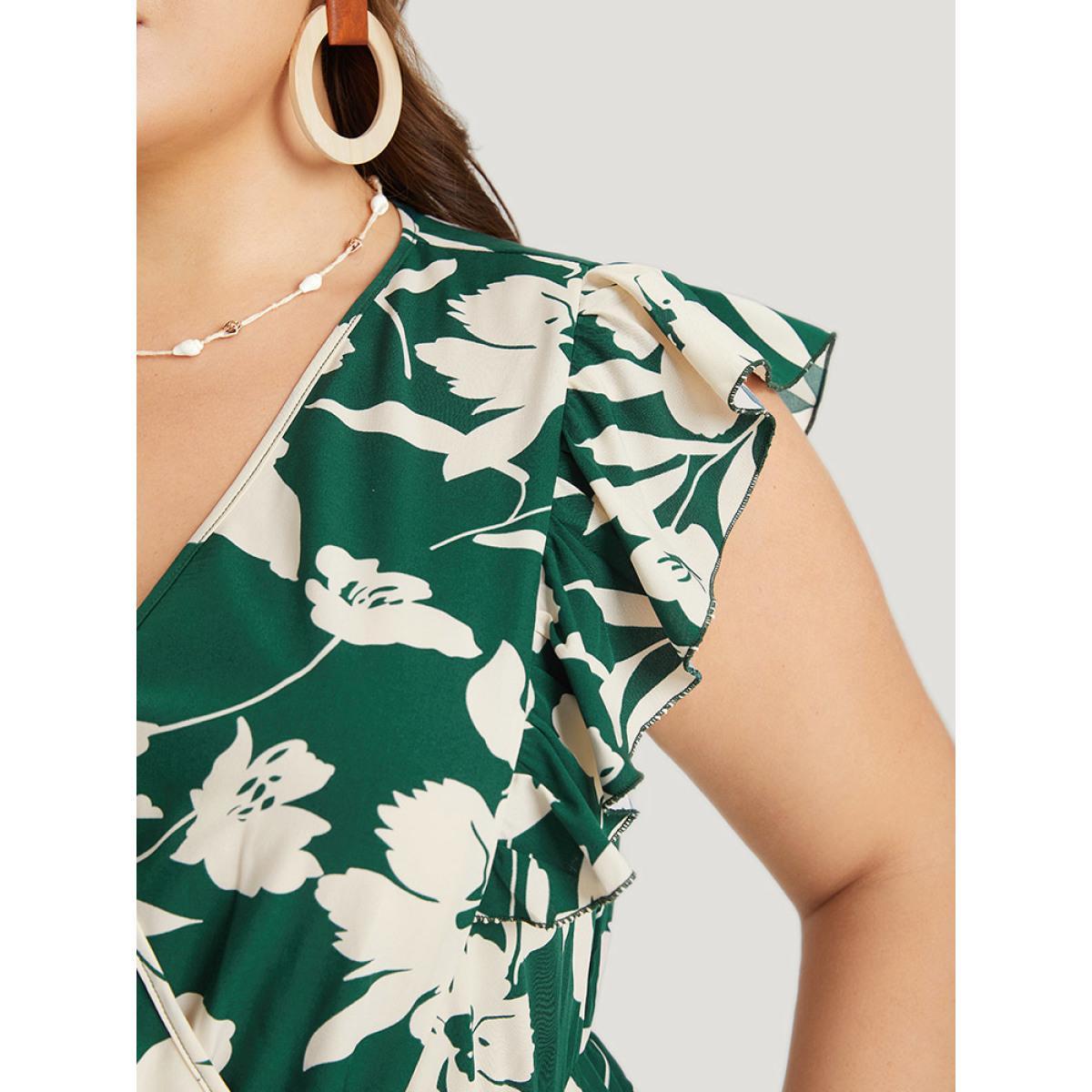 Plus Size Floral Ruffles Cap Sleeve Pocket Button Wrap Dress Green Women Elegant Gathered V-neck Sleeveless Curvy Midi Dress BloomChic 26/4X Product Image