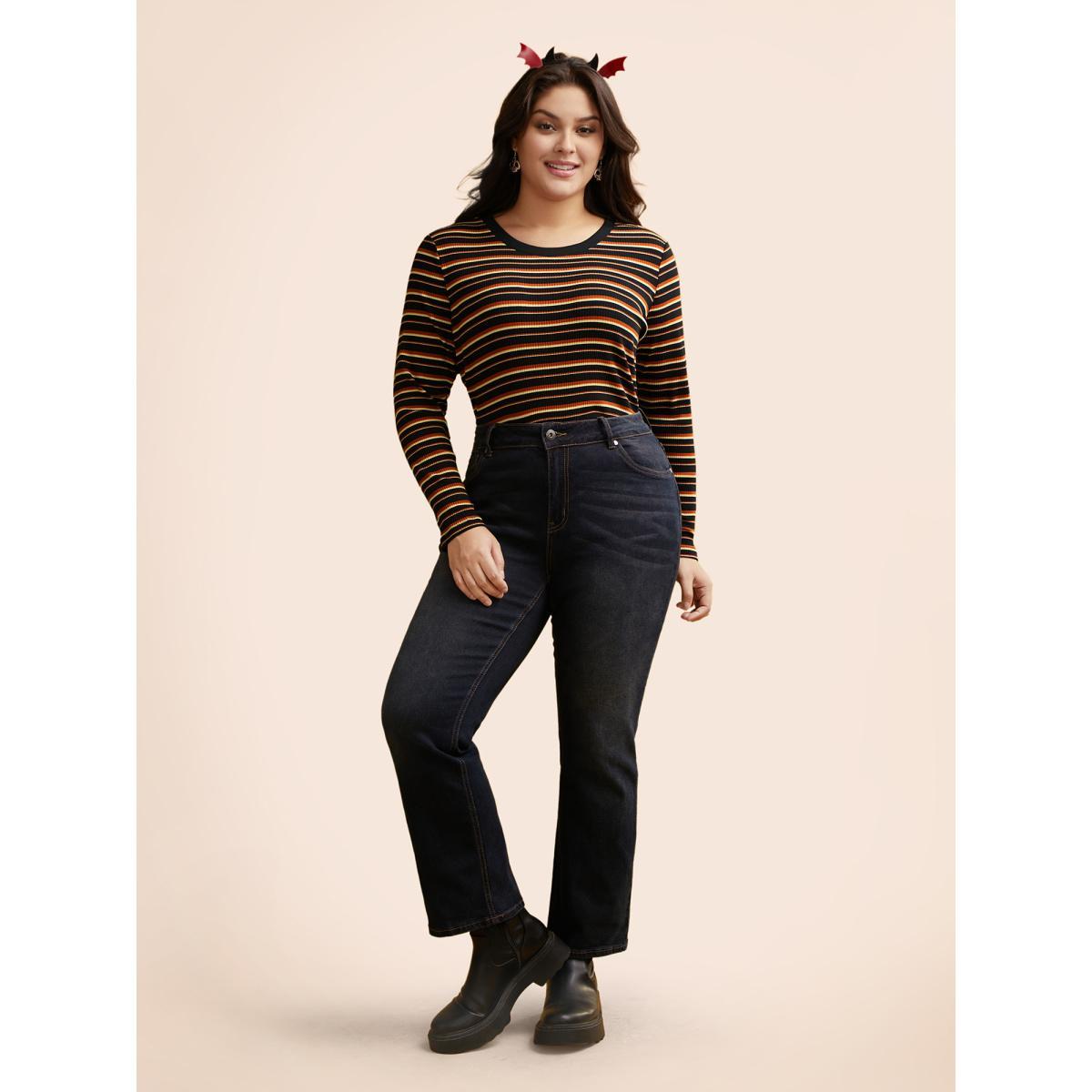 Plus Size Striped Knit Crew Neck T-shirt Black Women Casual Texture V-neck Bodycon Everyday T-shirts BloomChic 18-20/2X Product Image