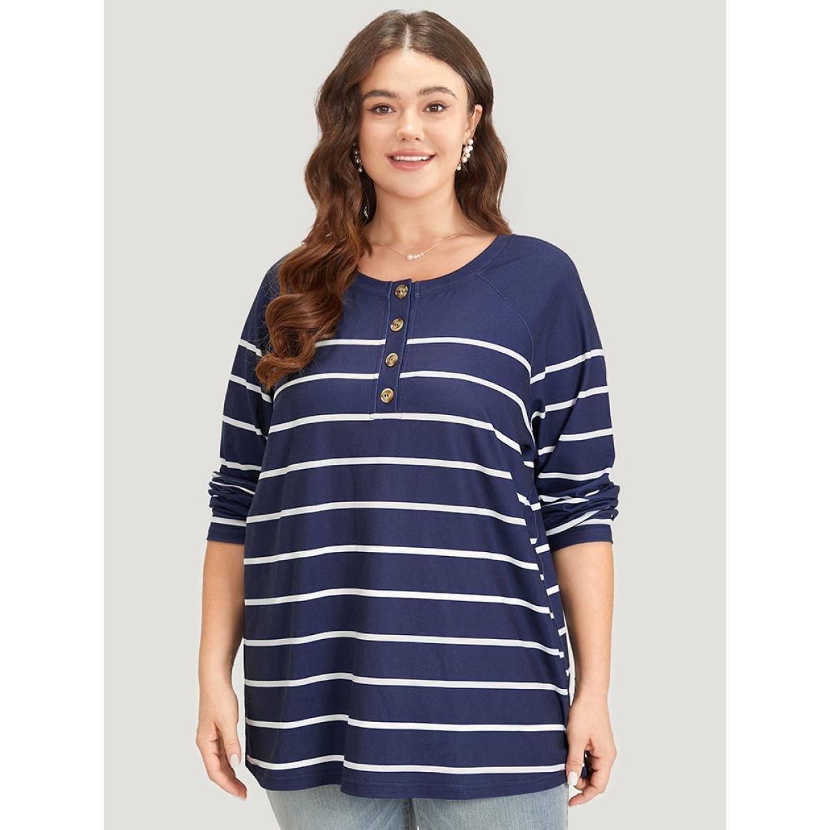Plus Size Striped Button Up Crew Neck Raglan Sleeve T-shirt Blue Women Casual Button Striped Open Front Dailywear T-shirts BloomChic 26/4X Product Image