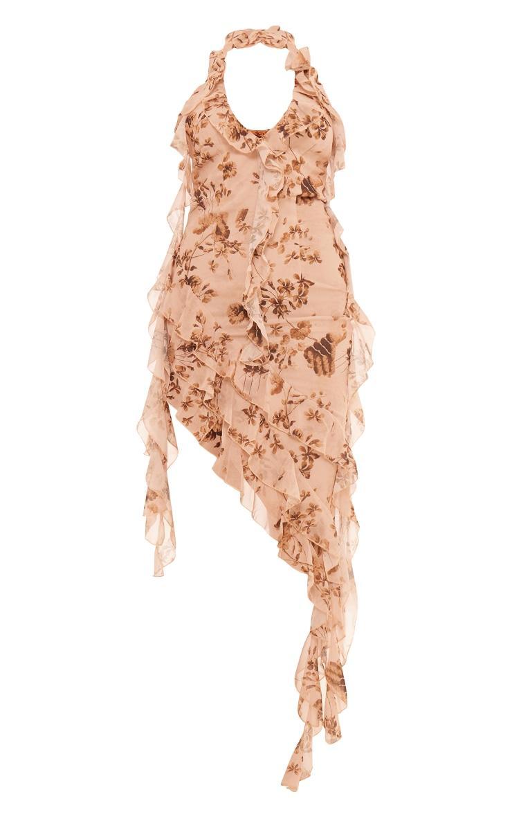 Nude Chiffon Print Frill Detail Plunge Midaxi Dress Product Image
