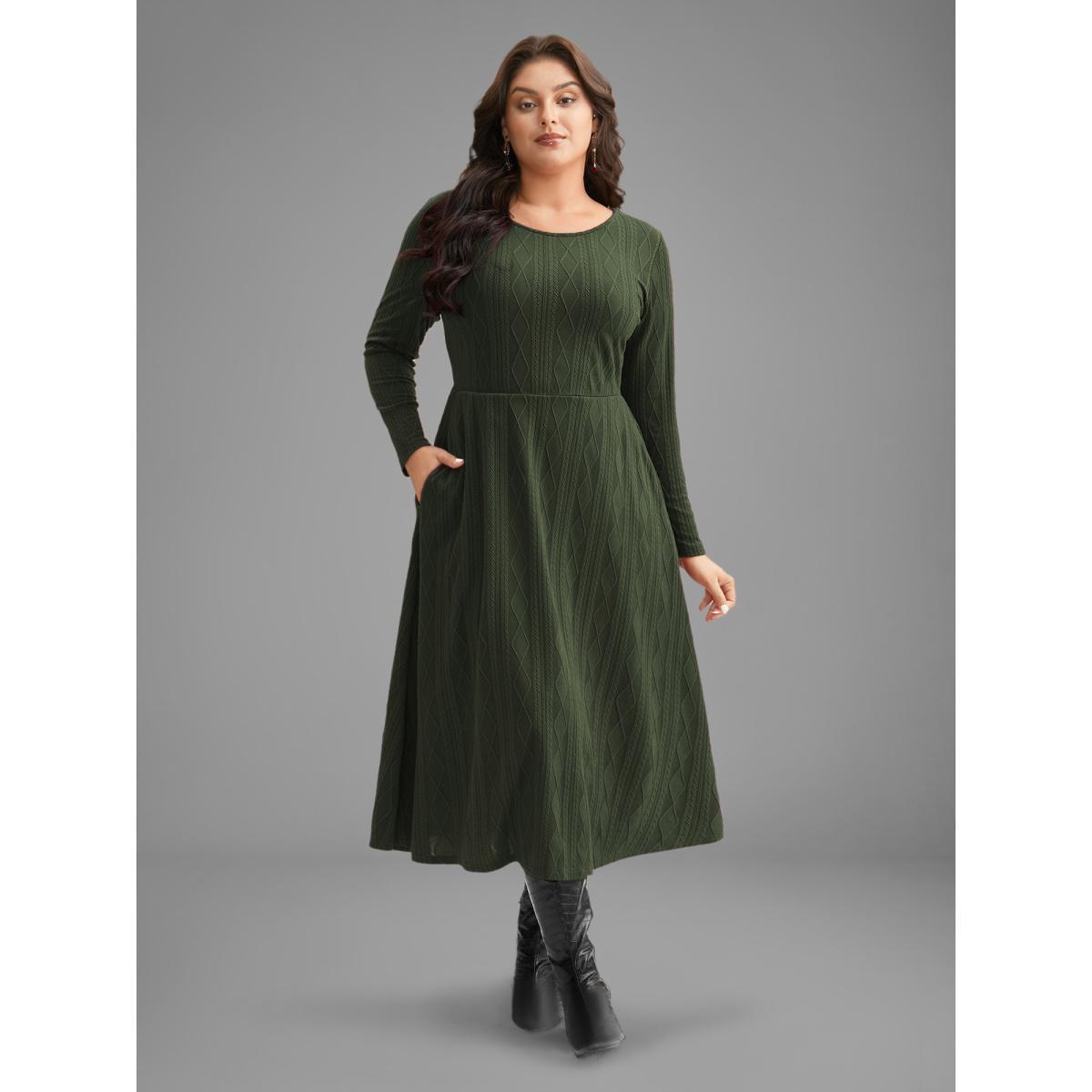 Plus Size Textured Knit Fit-And-Flare Midi Dress ArmyGreen Women Casual Texture Round Neck Long Sleeve Curvy BloomChic 12/L Product Image