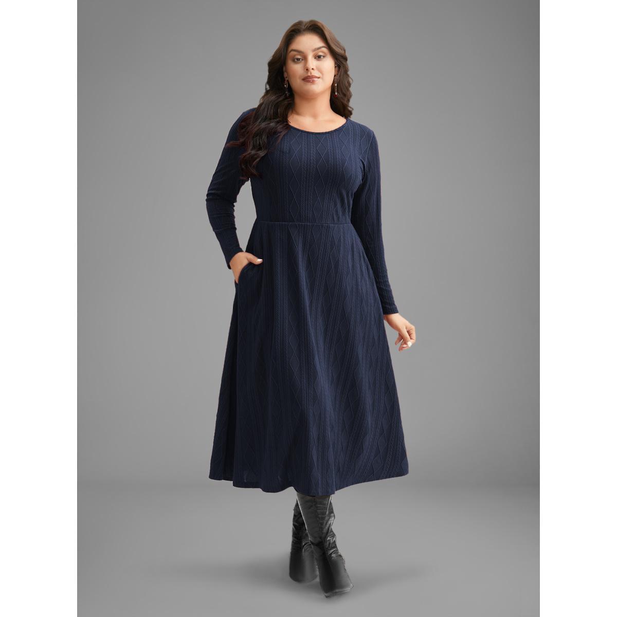 Plus Size Textured Knit Fit-And-Flare Midi Dress Midnight Women Casual Texture Round Neck Long Sleeve Curvy BloomChic 14-16/1X Product Image
