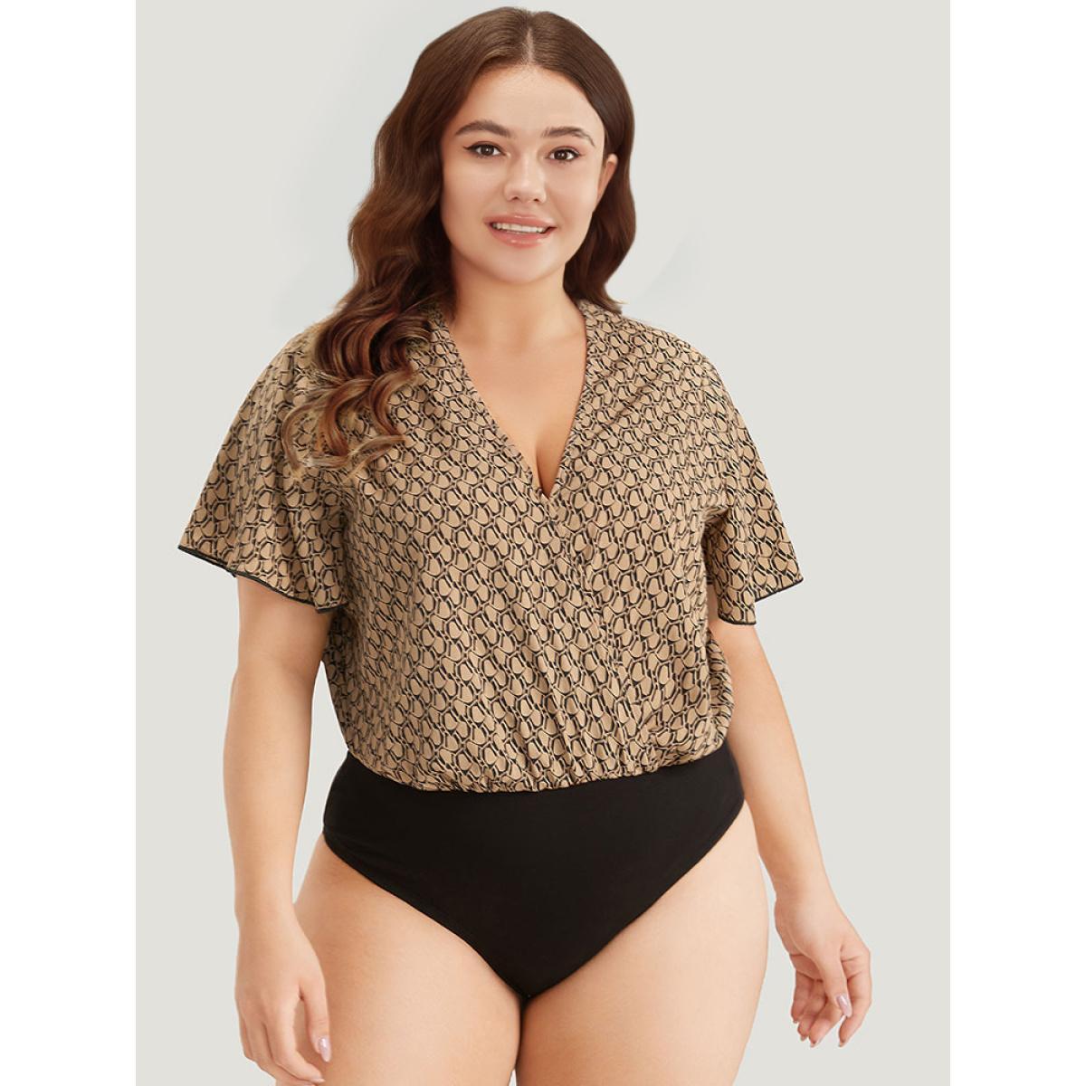 Plus Size Graphic Print Surplice Neck Ruffle Sleeve Bodysuit Women LightBrown Graphic Wrap Bodysuits BloomChic 10/M Product Image