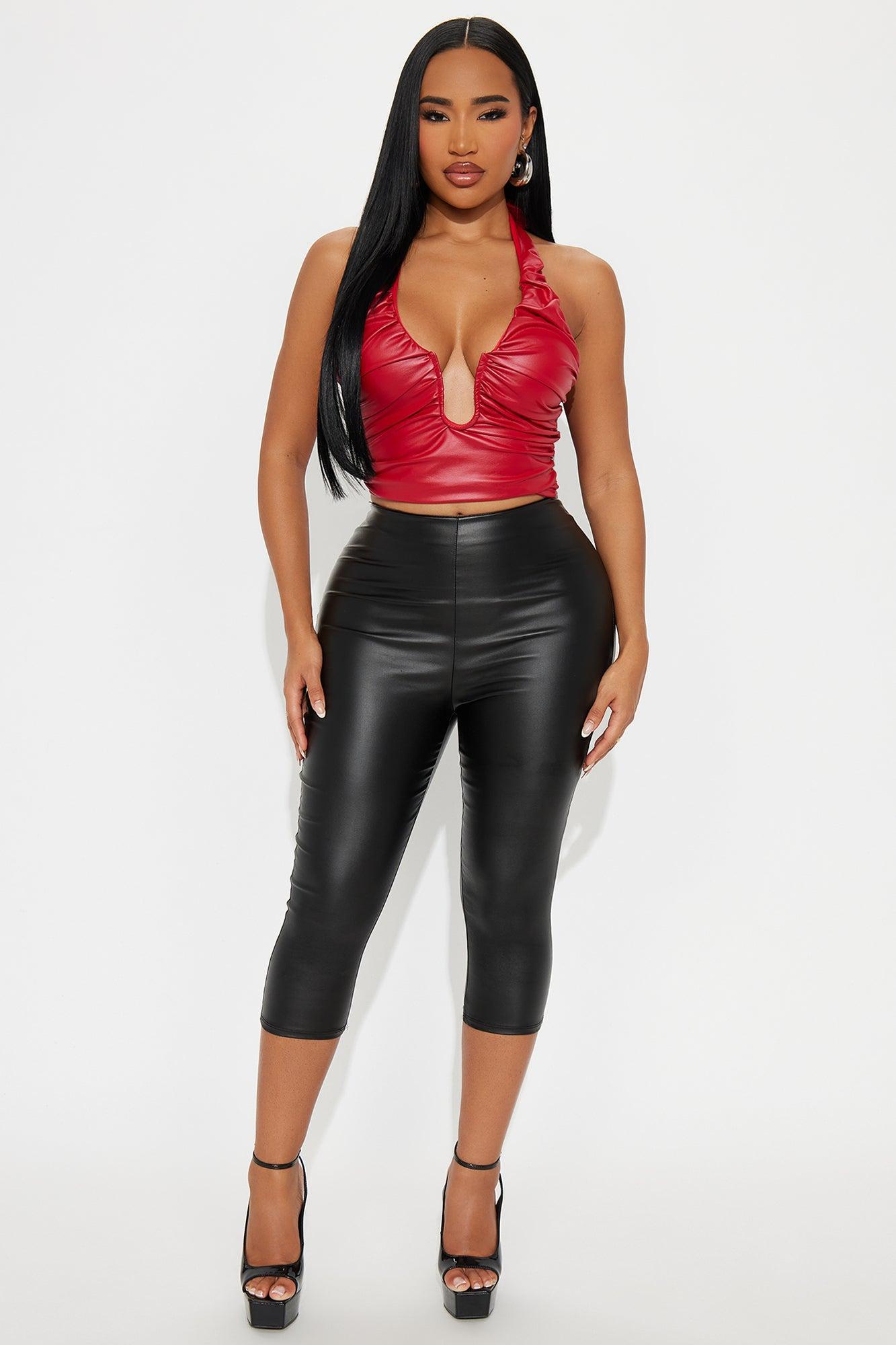 After Dark Ruched Faux Leather Halter Top - Red Product Image