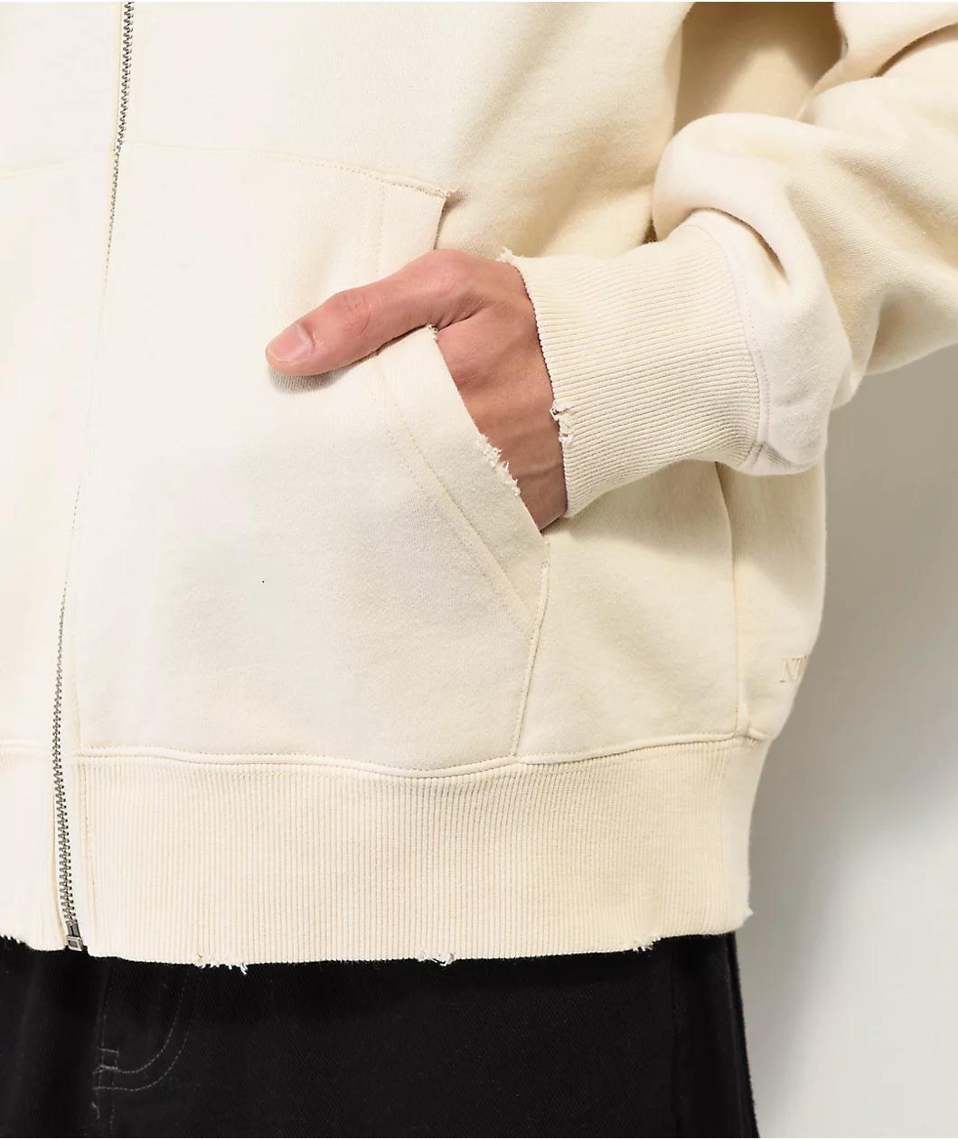 Ninth Hall Fundamentals Distressed Cream Boxy Zip Hoodie Product Image