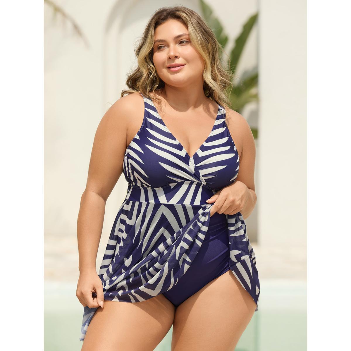 Plus Size Geometric Print Mesh Surplice Swim Dress Women's Swimwear Indigo Beach Bodycon Overlap Collar High stretch Curve Swim Dresses BloomChic 10/M Product Image