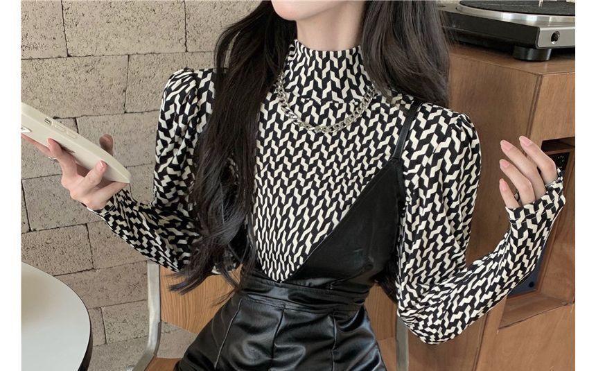 Long-Sleeve Turtleneck Pattern Top / Spaghetti Strap V-Neck Faux Leather Mini Dress Product Image