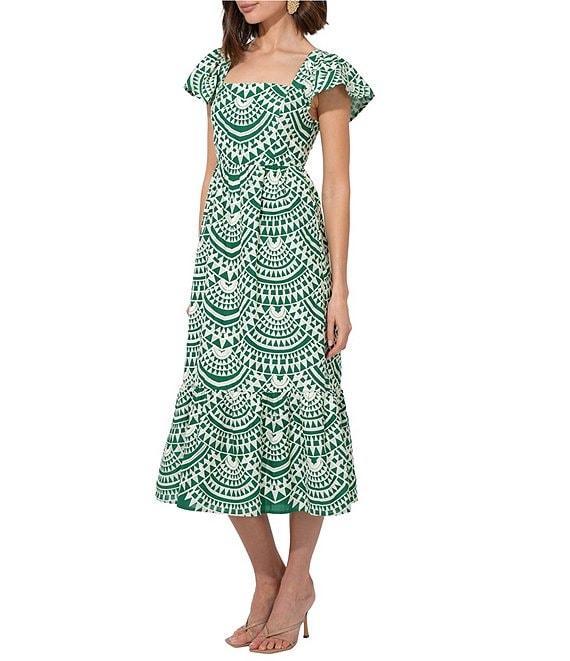 Adelyn Rae Maja Cotton Embroidered Abstract Print Square Neck Short Sleeve A-Line Midi Dress Product Image