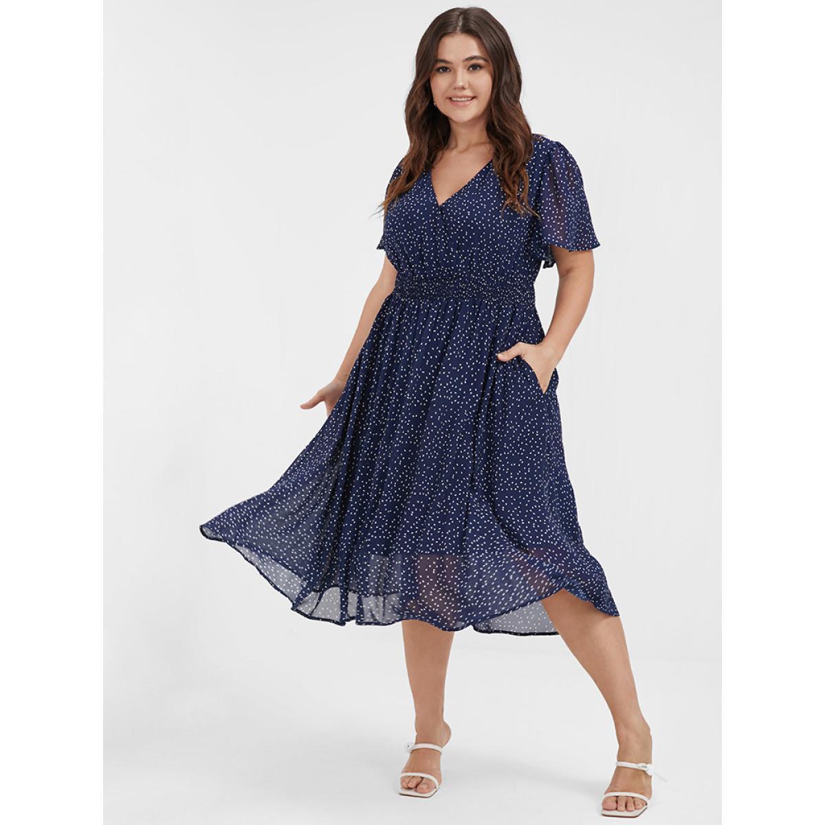 Polka Dot Printed Plus Size Women Midi Dress Dailywear Ruffle Sleeve Short Sleeve V Neck Pocket Elegance Dresses BloomChic Product Image