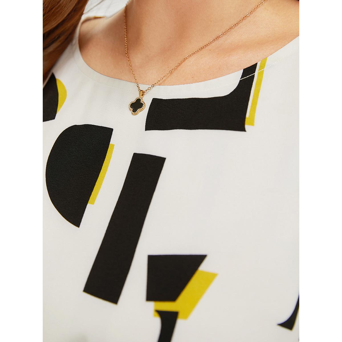 Plus Size Geometric Print Pocket Belt Flutter Sleeve Dress Black Women Elegant Contrast Round Neck Short sleeve Curvy Knee Dress BloomChic 22-24/3X Product Image