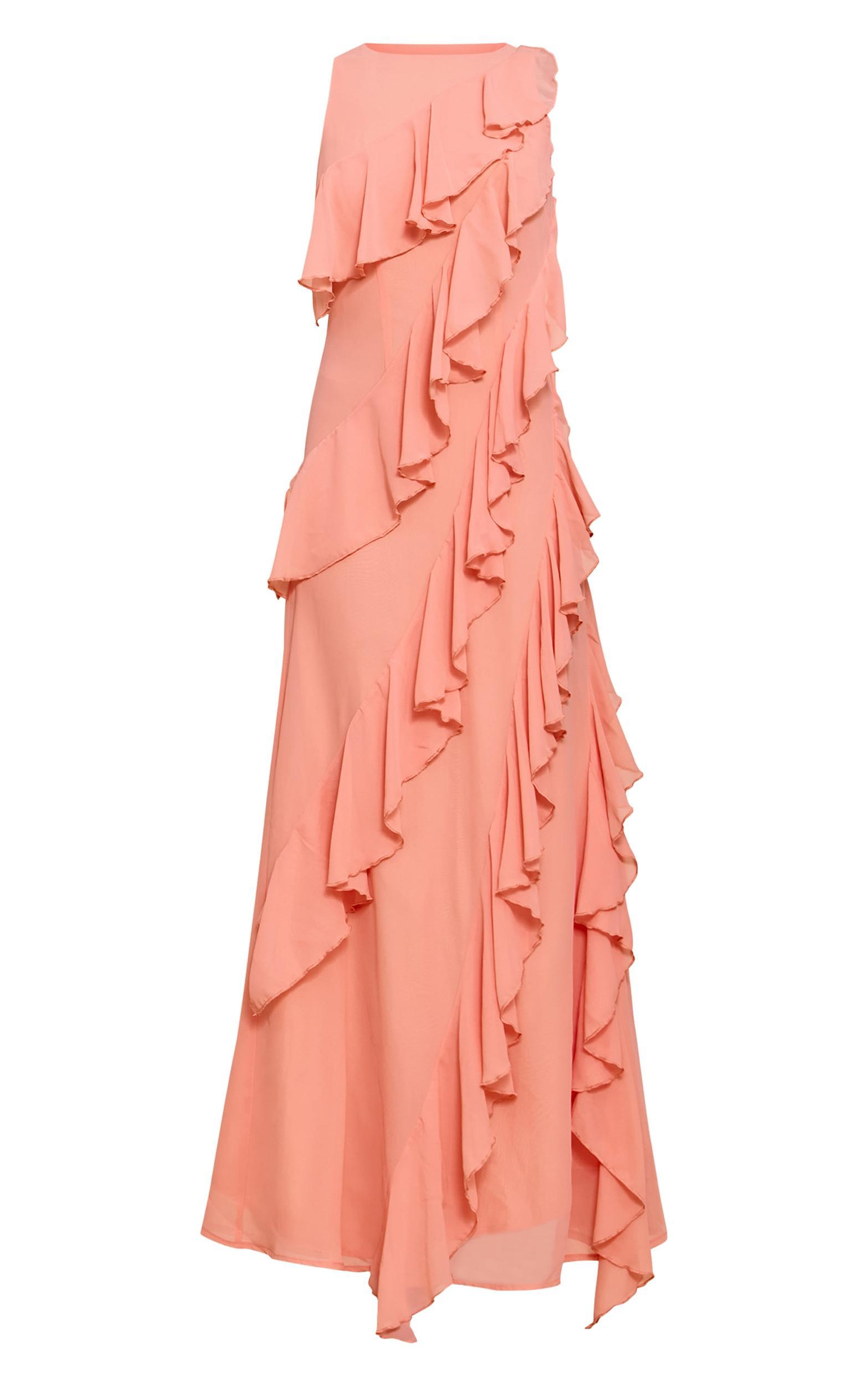 Peach Boat Neck Frill Detail Sleeveless Maxi Dress Product Image