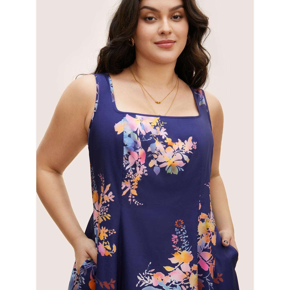 Plus Size Square Neck Silhouette Floral Print Pleated Dress DarkBlue Women Elegant Non Square Neck Sleeveless Curvy BloomChic 22-24/3X Product Image