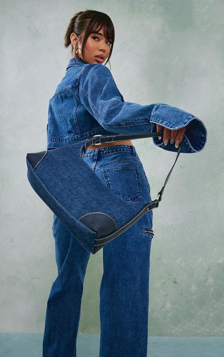  Mid Blue Wash Denim Cuff Detail Cropped Jacket Product Image