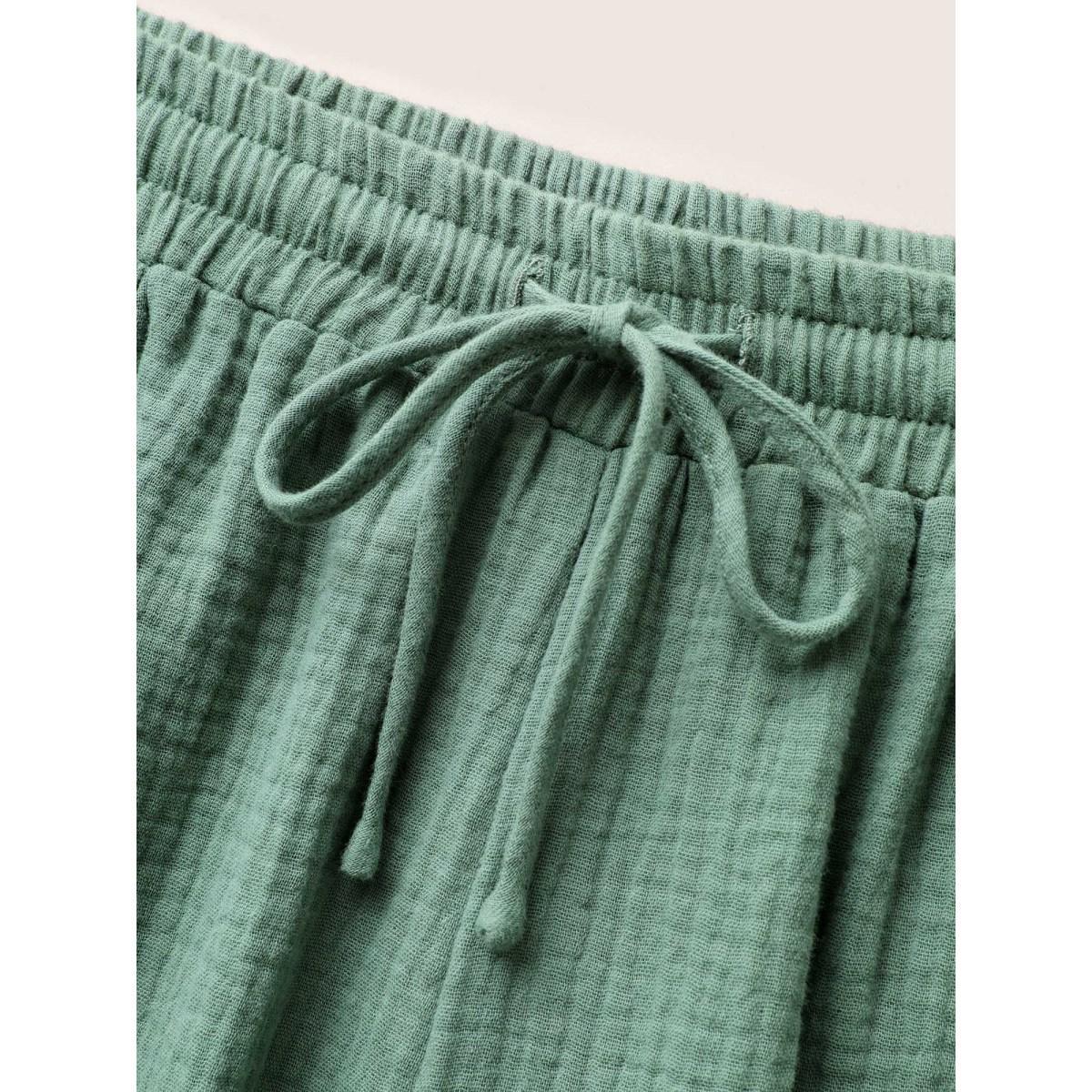 Plus Size Plain Textured Drawstring Wide Leg Pants Women Emerald Casual Wide Leg Mid Rise Everyday Pants BloomChic 22-24/3X Product Image