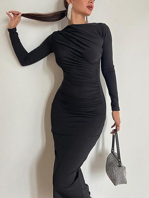 Solid Ruched Long Sleeve Maxi Dress Product Image