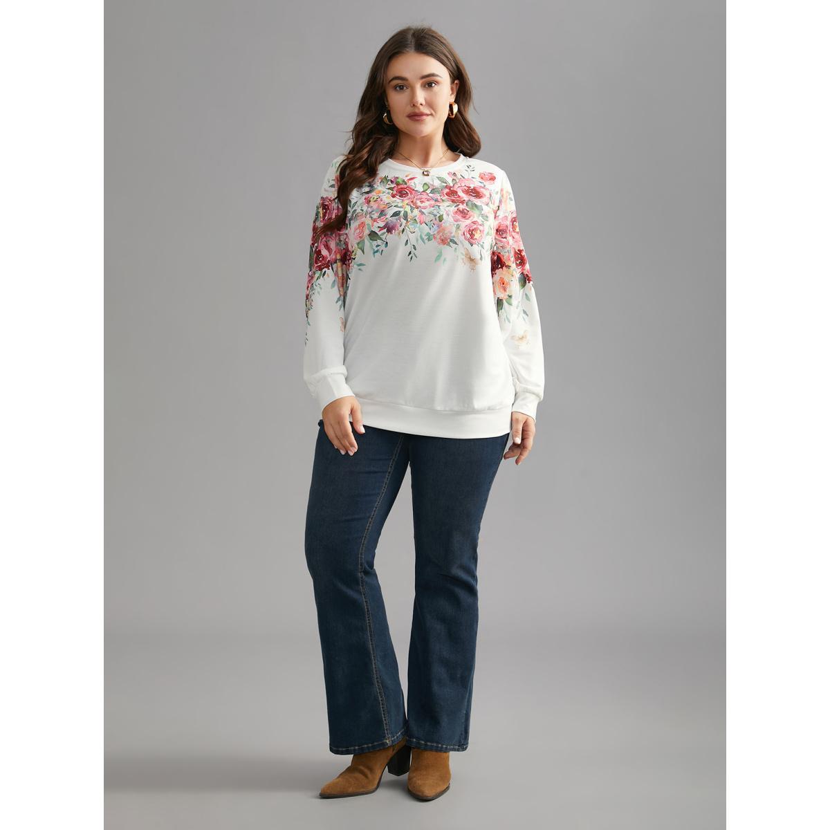 Plus Size Watercolor Floral Print Round Neck Sweatshirt Women WhiteSmoke Elegant Contrast Loose Round Neck Everyday Sweatshirts BloomChic 28/5X Product Image