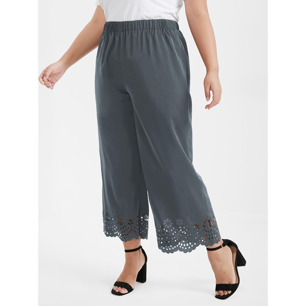 Plus Size Broderie Anglaise Elastic Waist Loose Pants Women SlateGray Elegant Loose High Rise Dailywear Pants BloomChic 12/L Product Image