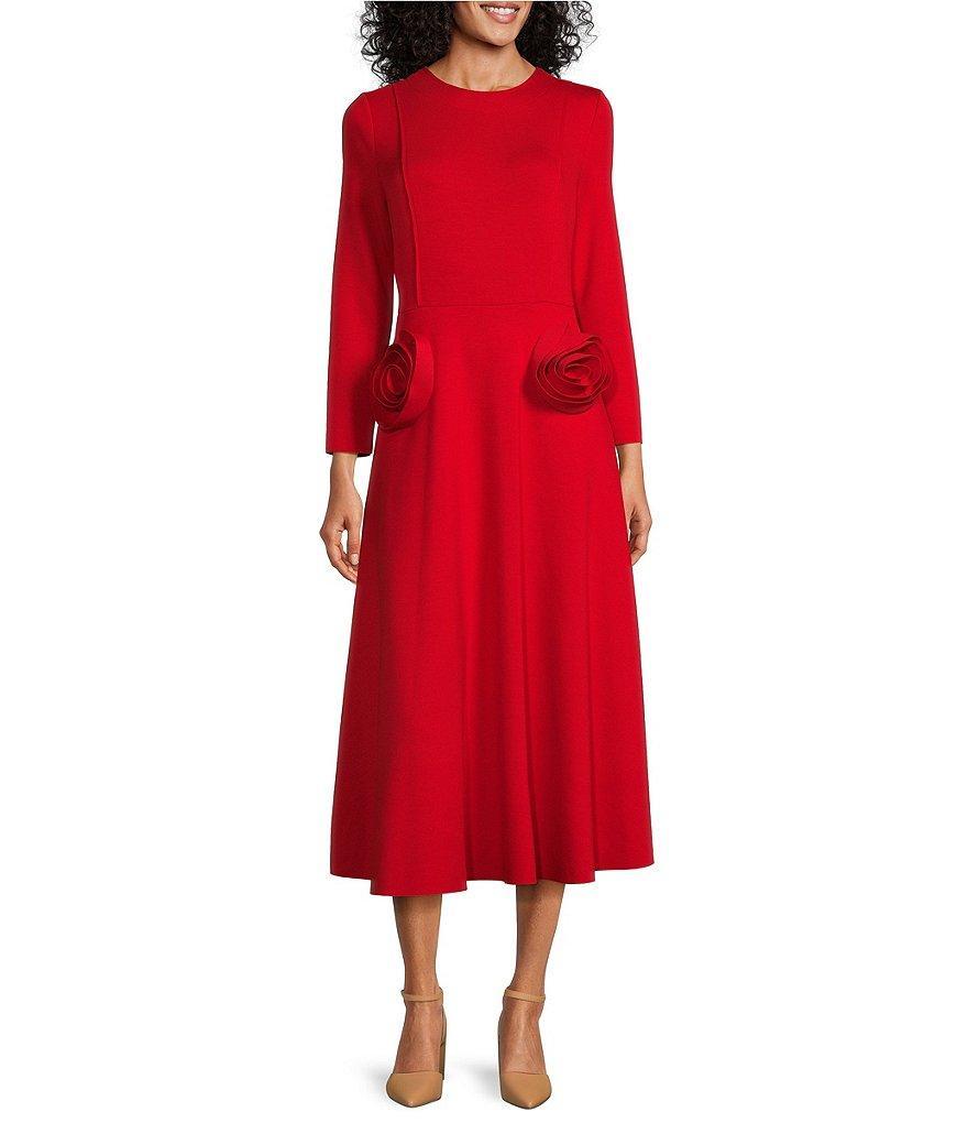 IC Collection Knit Floral Patch Appliques Round Neck Long Sleeve Fit & Flare Midi Dress Product Image