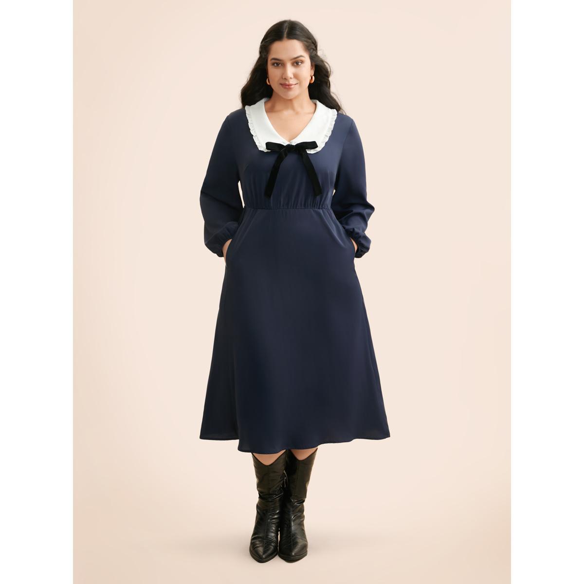 Plus Size Lapel Collar Bowknot Frill Trim Dress Navy Women Elegant Contrast Peter Pan collar Long Sleeve Curvy BloomChic 10/M Product Image