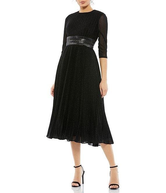 Mac Duggal Crew Neck 3/4 Sleeve Pleated A-Line Midi Dress Product Image