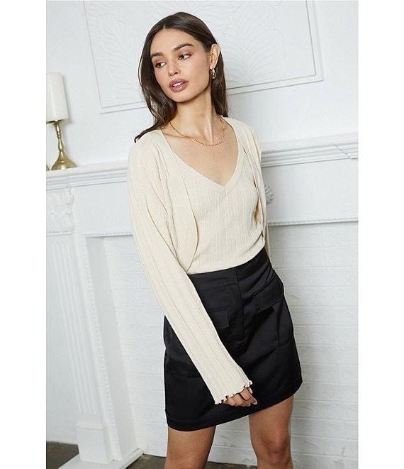 Skies Are Blue Ribbed Knit V Neck Long Sleeve Bolero Twofer Top Product Image